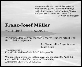 Traueranzeige von Franz-Josef Müller von trierischer_volksfreund