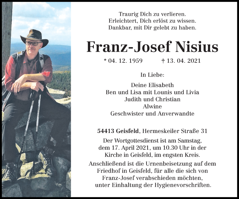  Traueranzeige für Franz-Josef Nisius vom 15.04.2021 aus trierischer_volksfreund