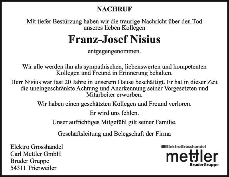  Traueranzeige für Franz-Josef Nisius vom 16.04.2021 aus trierischer_volksfreund