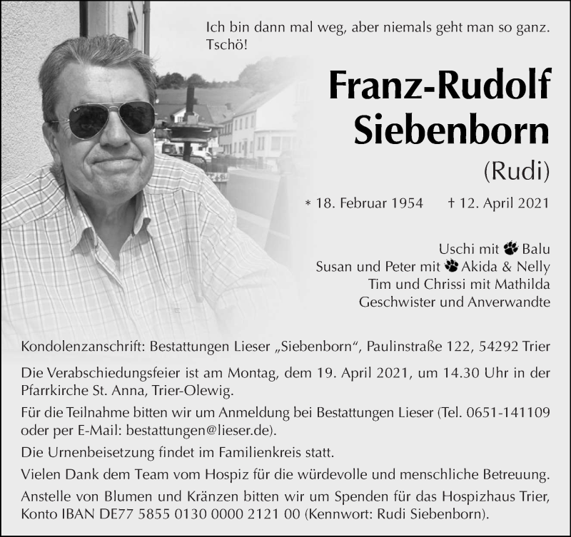  Traueranzeige für Franz-Rudolf Siebenborn vom 16.04.2021 aus trierischer_volksfreund