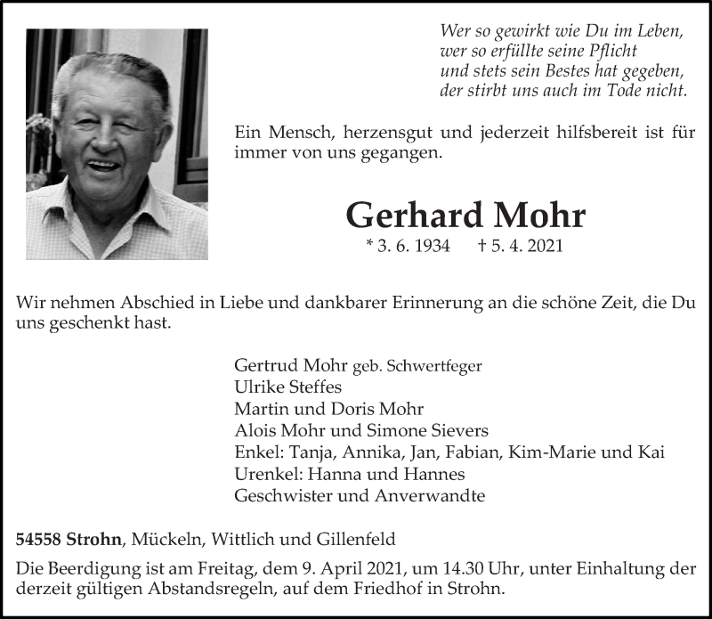  Traueranzeige für Gerhard Mohr vom 07.04.2021 aus trierischer_volksfreund
