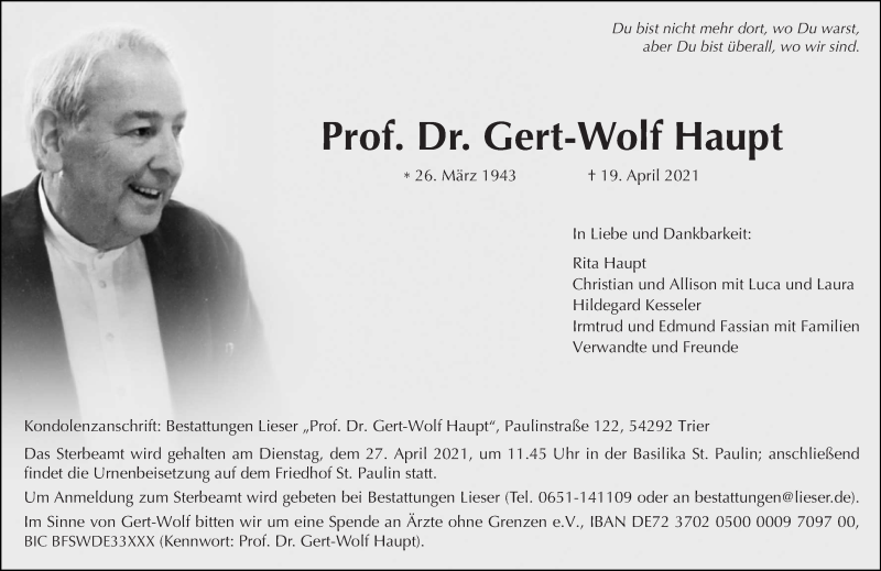  Traueranzeige für Gert-Wolf Haupt vom 24.04.2021 aus trierischer_volksfreund