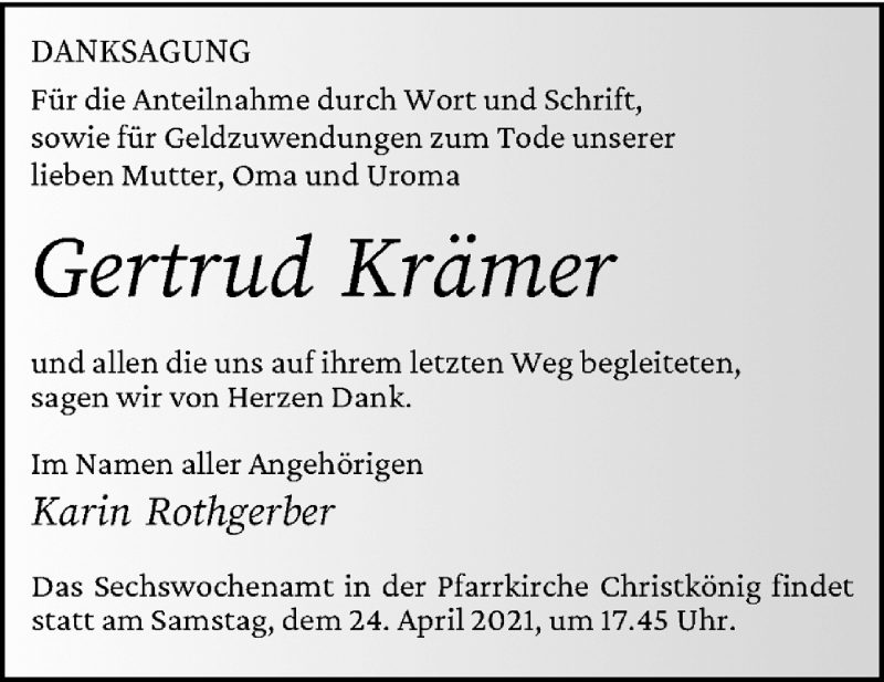  Traueranzeige für Gertrud Krämer vom 17.04.2021 aus trierischer_volksfreund