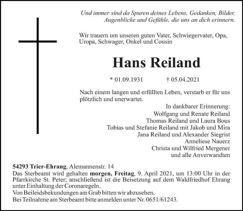  Traueranzeige für Hans Reiland vom 08.04.2021 aus trierischer_volksfreund