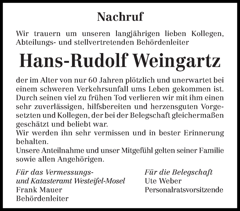  Traueranzeige für Hans-Rudolf Weingartz vom 03.04.2021 aus trierischer_volksfreund