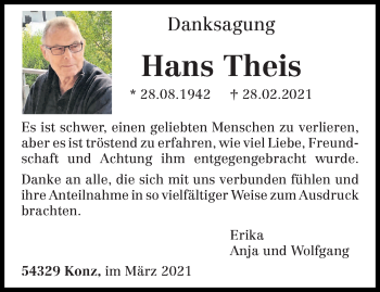 Traueranzeige von Hans Theis von trierischer_volksfreund