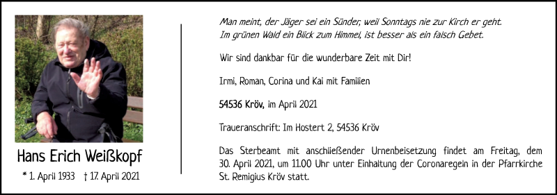  Traueranzeige für Hans Erich Weißkopf vom 24.04.2021 aus trierischer_volksfreund
