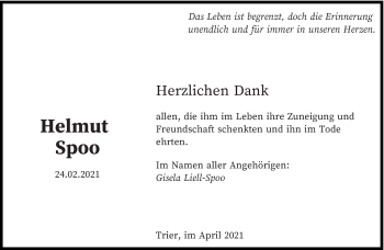 Traueranzeige von Helmut Spoo von trierischer_volksfreund