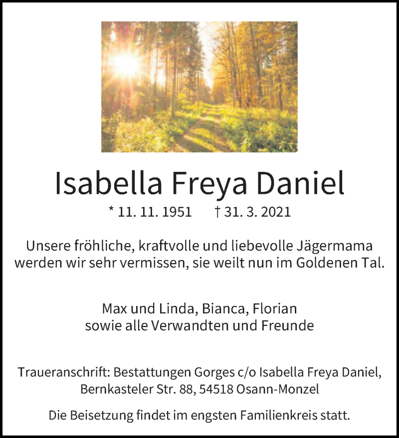  Traueranzeige für Isabella Freya Daniel vom 03.04.2021 aus trierischer_volksfreund