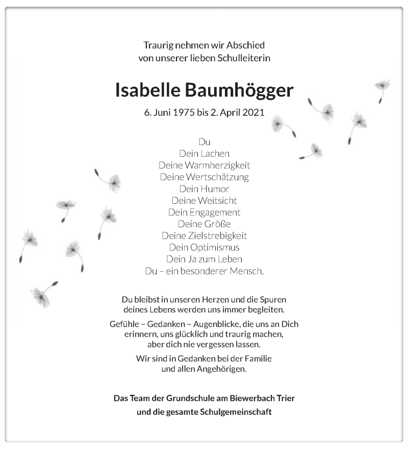  Traueranzeige für Isabelle Baumhögger vom 10.04.2021 aus trierischer_volksfreund