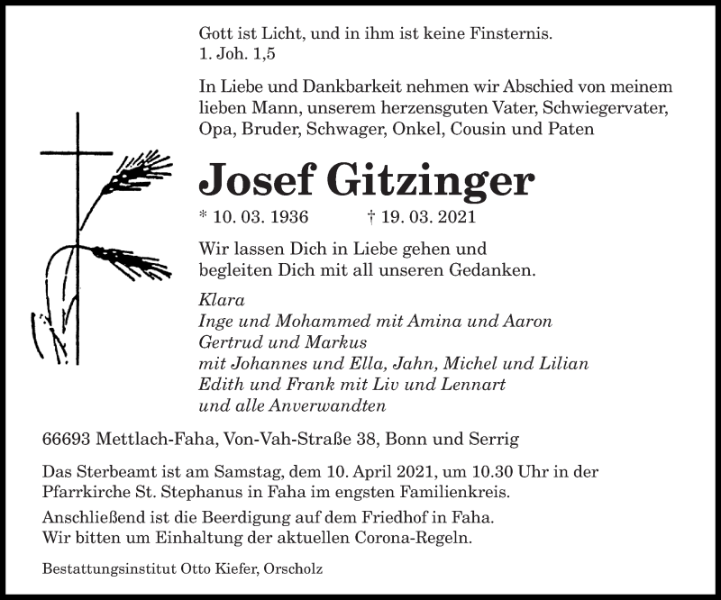 Traueranzeige für Josef Gitzinger vom 08.04.2021 aus trierischer_volksfreund