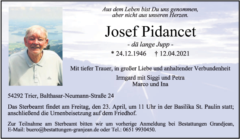 Traueranzeige für Josef Pidancet vom 19.04.2021 aus trierischer_volksfreund