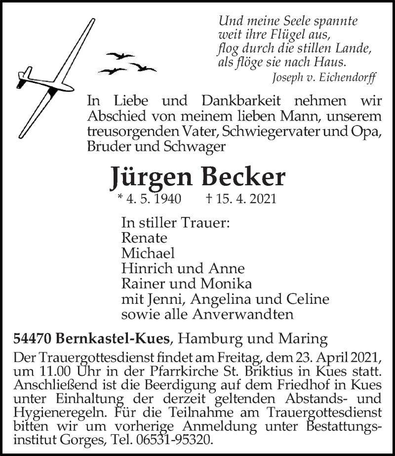  Traueranzeige für Jürgen Becker vom 21.04.2021 aus trierischer_volksfreund