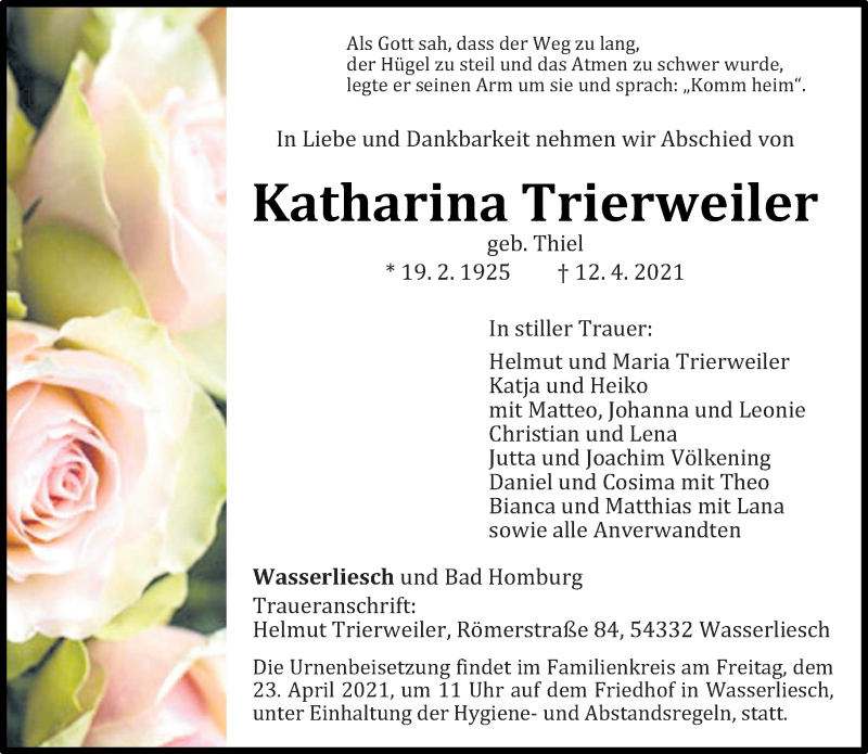  Traueranzeige für Katharina Trierweiler vom 17.04.2021 aus trierischer_volksfreund