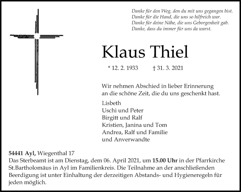  Traueranzeige für Klaus Thiel vom 03.04.2021 aus trierischer_volksfreund