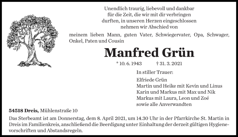  Traueranzeige für Manfred Grün vom 03.04.2021 aus trierischer_volksfreund