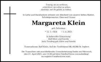 Traueranzeige von Margareta Klein von trierischer_volksfreund
