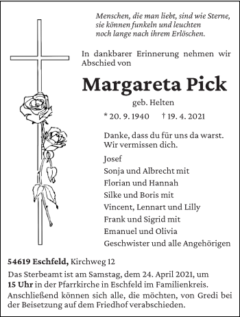 Traueranzeige von Margareta Pick von trierischer_volksfreund