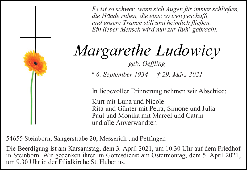  Traueranzeige für Margarethe Ludowicy vom 01.04.2021 aus trierischer_volksfreund