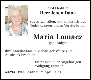 Traueranzeige von Maria Lamacz von trierischer_volksfreund