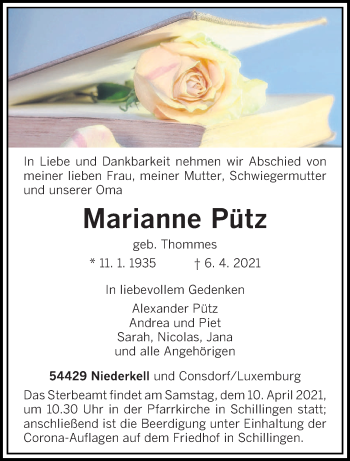 Traueranzeige von Marianne Pütz von trierischer_volksfreund
