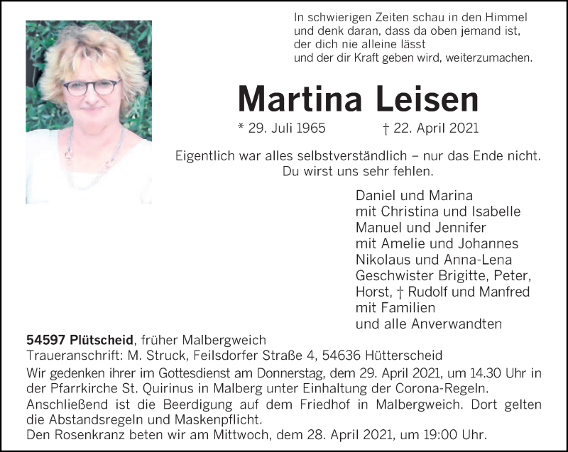  Traueranzeige für Martina Leisen vom 27.04.2021 aus trierischer_volksfreund