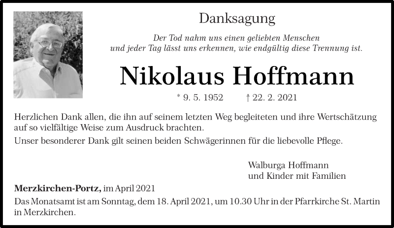  Traueranzeige für Nikolaus Hoffmann vom 12.04.2021 aus trierischer_volksfreund