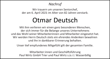 Traueranzeige von Otmar Deutsch von trierischer_volksfreund