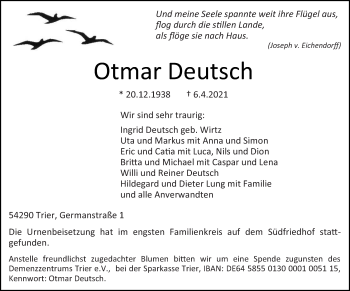 Traueranzeige von Otmar Deutsch von trierischer_volksfreund