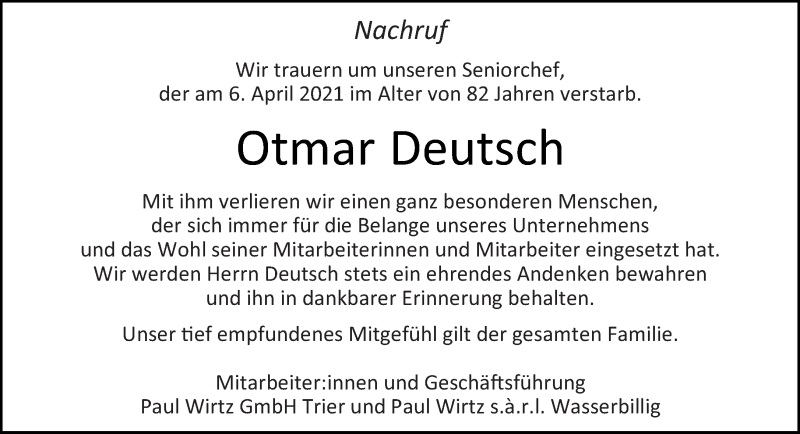  Traueranzeige für Otmar Deutsch vom 17.04.2021 aus trierischer_volksfreund