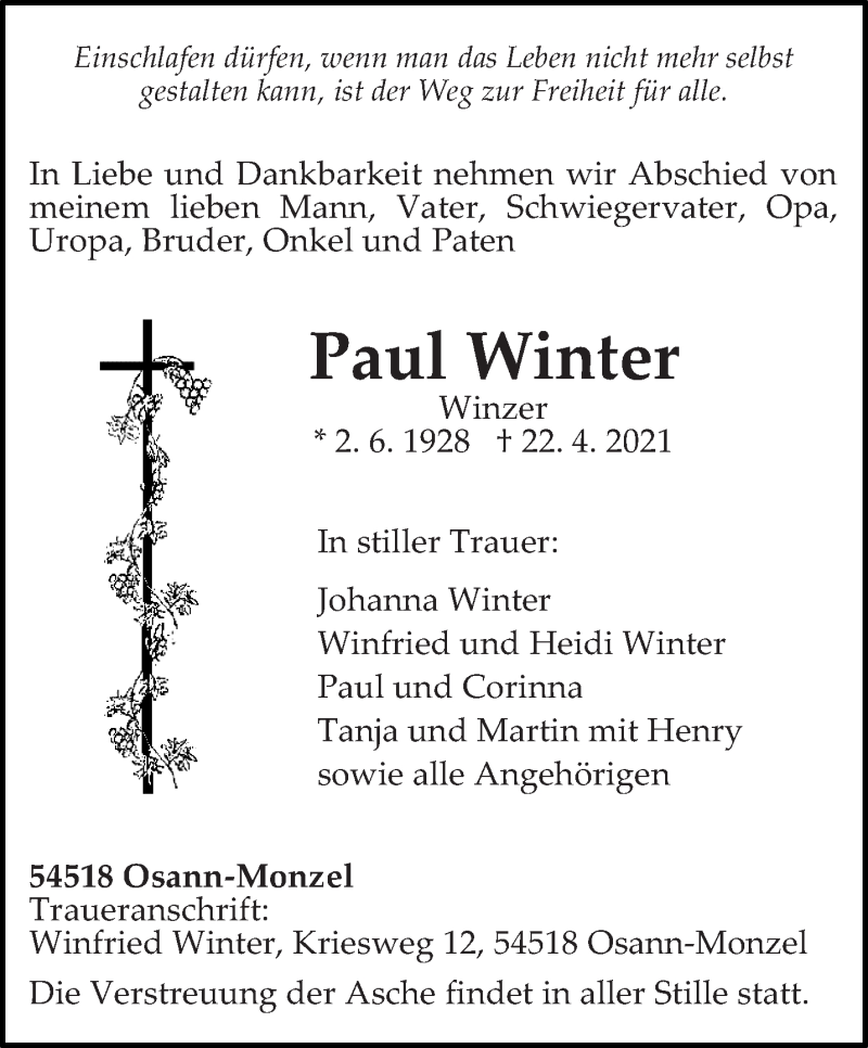  Traueranzeige für Paul Winter vom 24.04.2021 aus trierischer_volksfreund