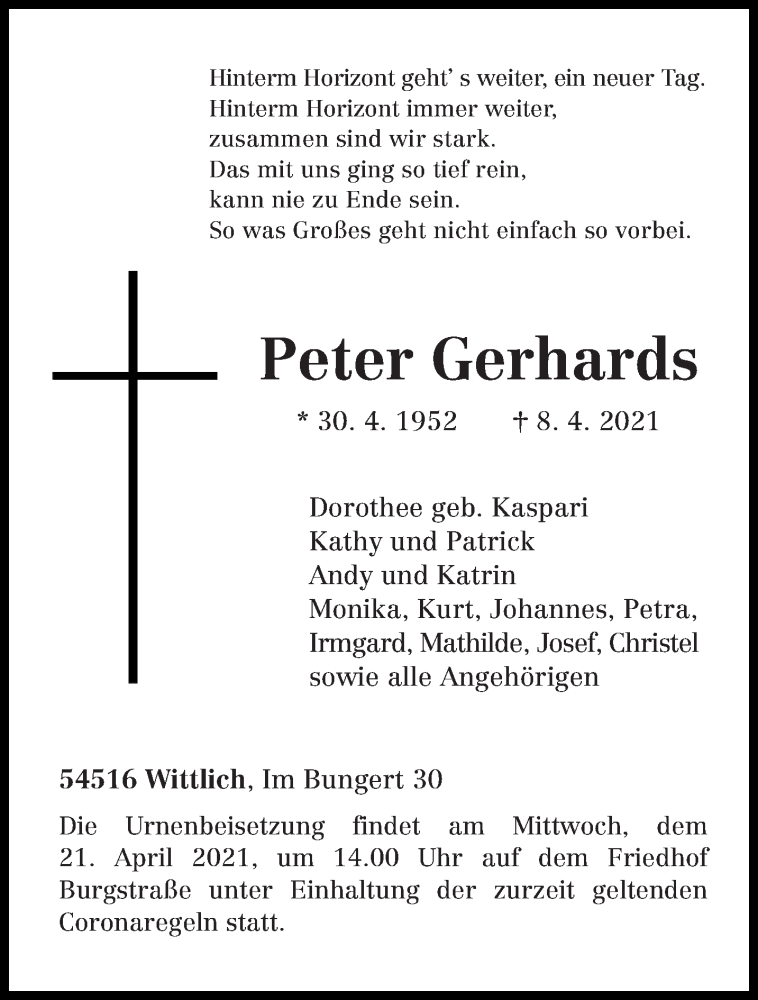  Traueranzeige für Peter Gerhards vom 17.04.2021 aus trierischer_volksfreund
