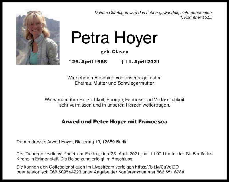  Traueranzeige für Petra Hoyer vom 17.04.2021 aus trierischer_volksfreund