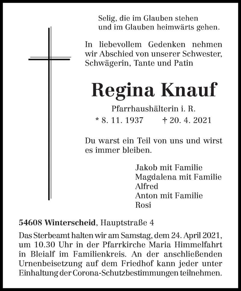  Traueranzeige für Regina Knauf vom 22.04.2021 aus trierischer_volksfreund