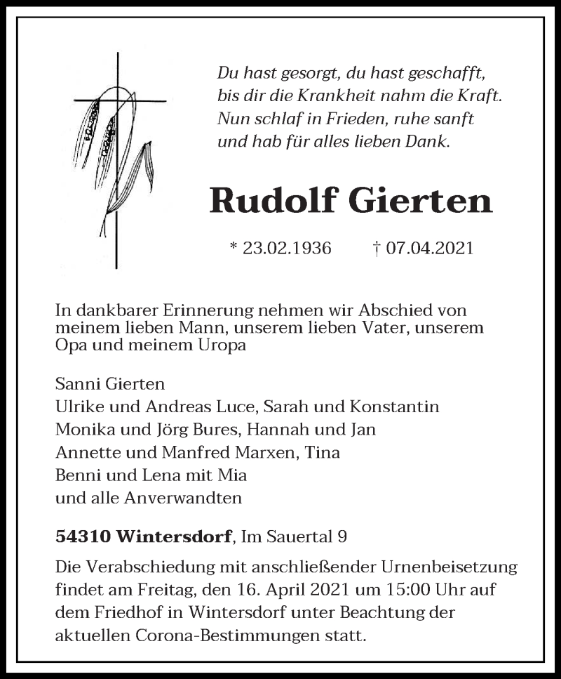  Traueranzeige für Rudolf Gierten vom 14.04.2021 aus trierischer_volksfreund