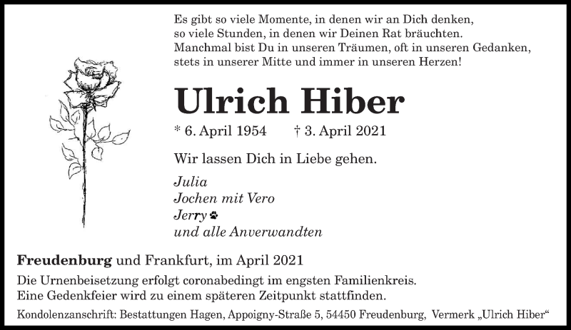  Traueranzeige für Ulrich Hiber vom 08.04.2021 aus trierischer_volksfreund