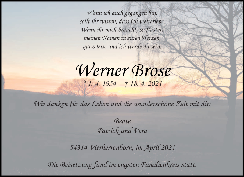  Traueranzeige für Werner Brose vom 28.04.2021 aus trierischer_volksfreund