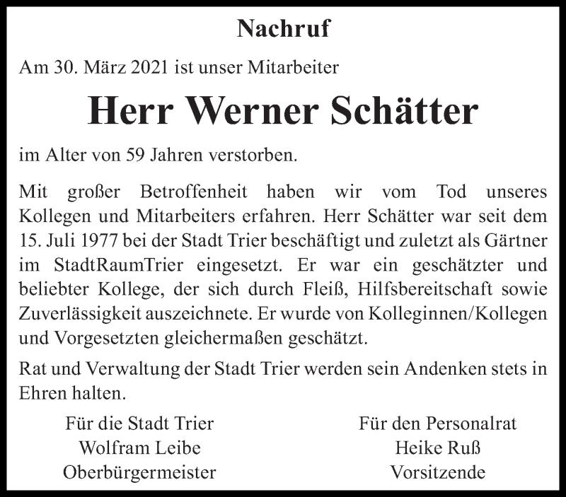  Traueranzeige für Werner Schätter vom 07.04.2021 aus trierischer_volksfreund