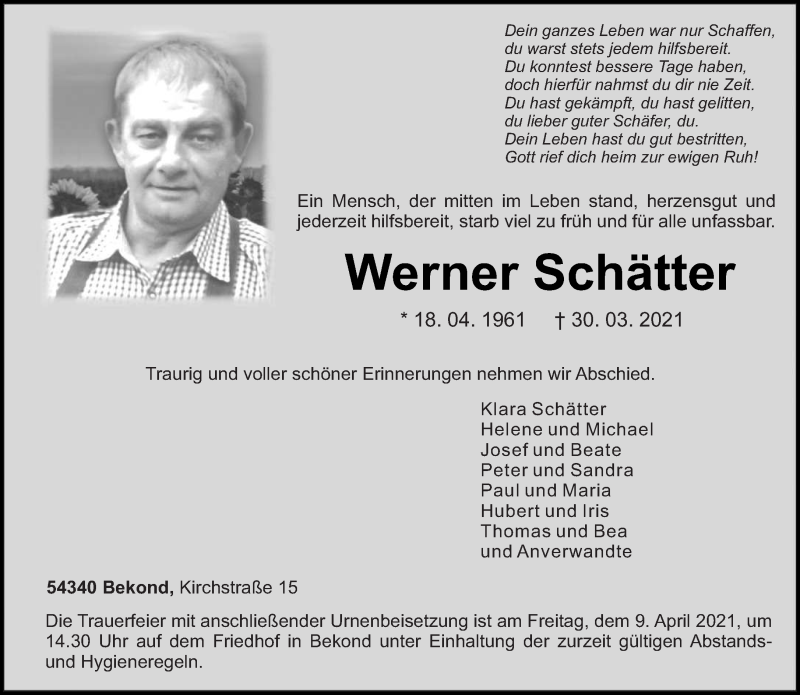  Traueranzeige für Werner Schätter vom 03.04.2021 aus trierischer_volksfreund