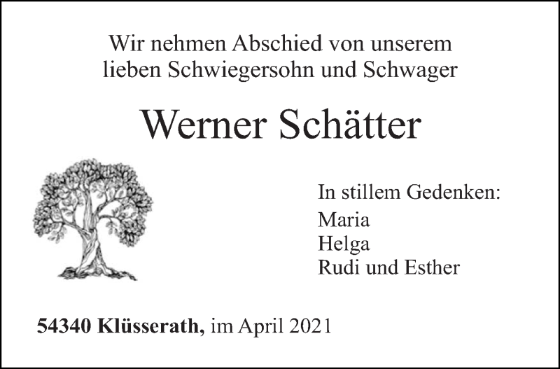  Traueranzeige für Werner Schätter vom 06.04.2021 aus trierischer_volksfreund