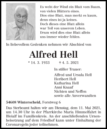 Traueranzeige von Alfred Hell von trierischer_volksfreund