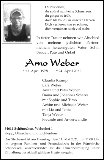 Traueranzeige von Arno Weber von trierischer_volksfreund