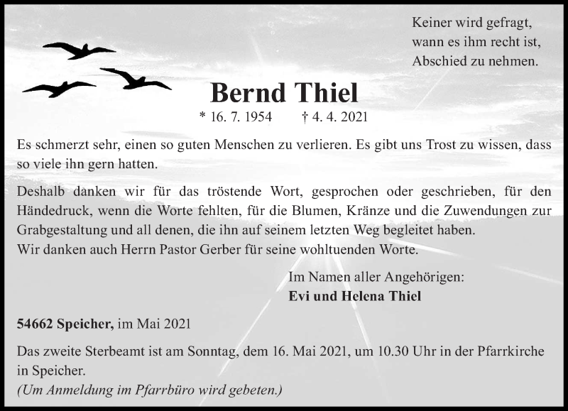 Traueranzeige für Bernd Thiel vom 08.05.2021 aus trierischer_volksfreund