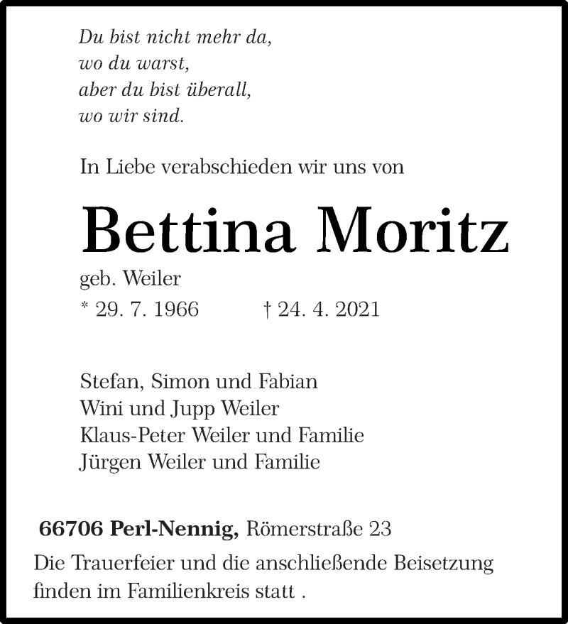  Traueranzeige für Bettina Moritz vom 30.04.2021 aus trierischer_volksfreund