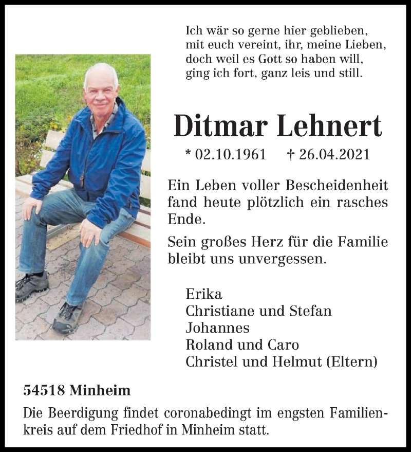  Traueranzeige für Ditmar Lehnert vom 03.05.2021 aus trierischer_volksfreund