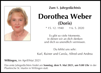 Traueranzeige von Dorothea Weber von trierischer_volksfreund