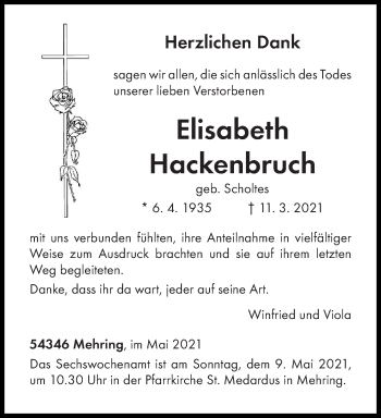 Traueranzeige von Elisabeth Hackenbruch von trierischer_volksfreund