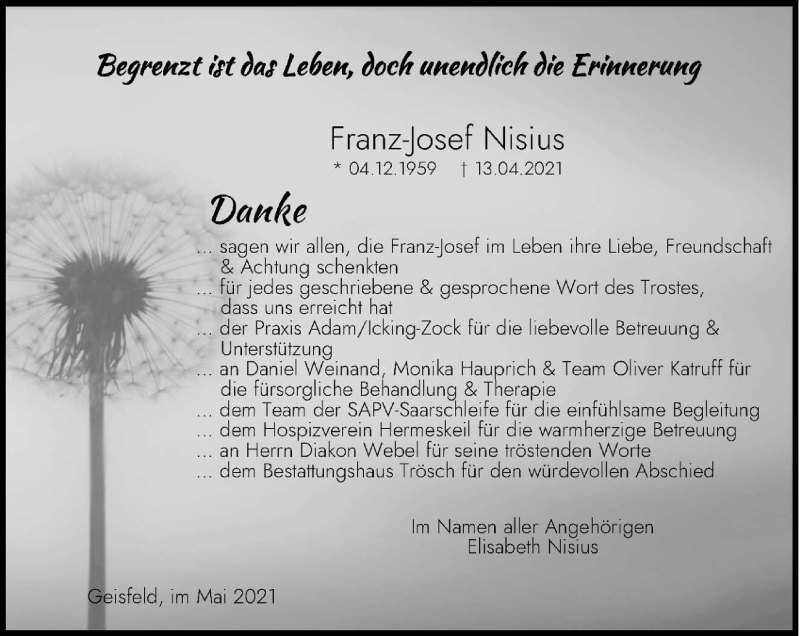  Traueranzeige für Franz-Josef Nisius vom 08.05.2021 aus trierischer_volksfreund