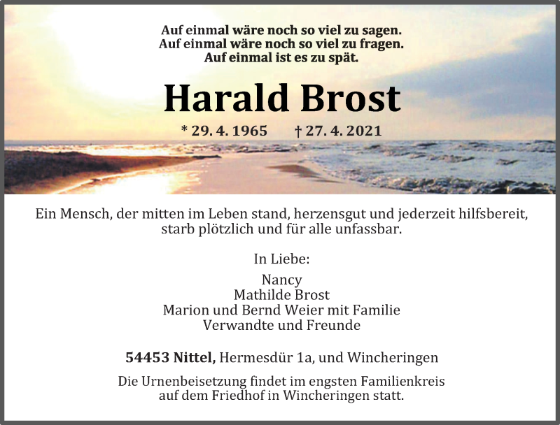  Traueranzeige für Harald Brost vom 04.05.2021 aus trierischer_volksfreund