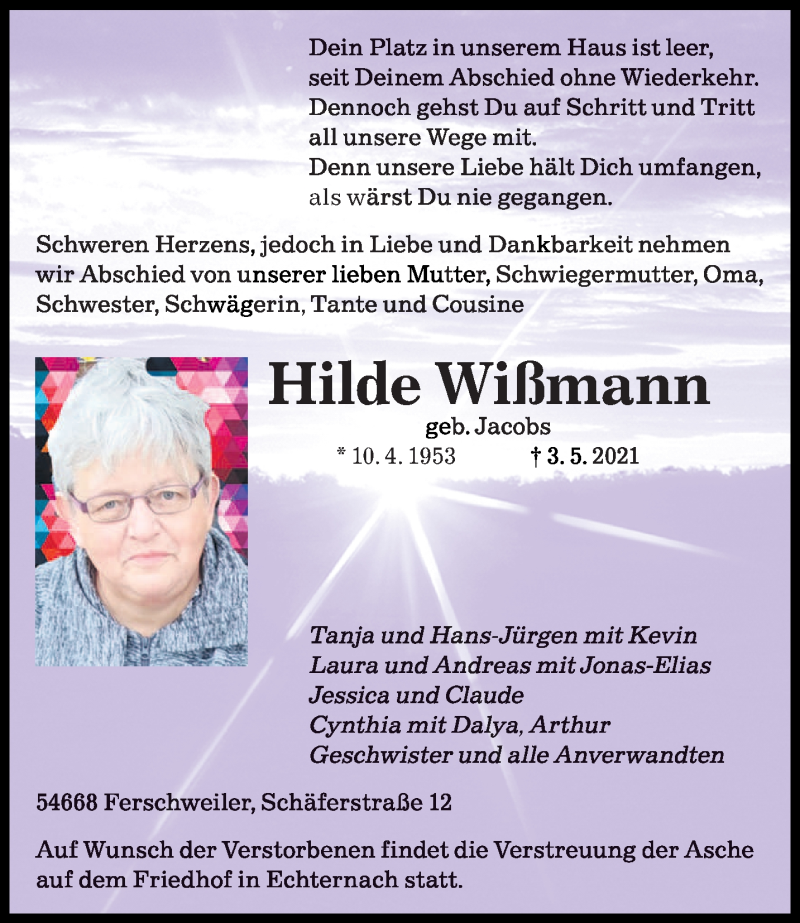  Traueranzeige für Hilde Wißmann vom 08.05.2021 aus trierischer_volksfreund